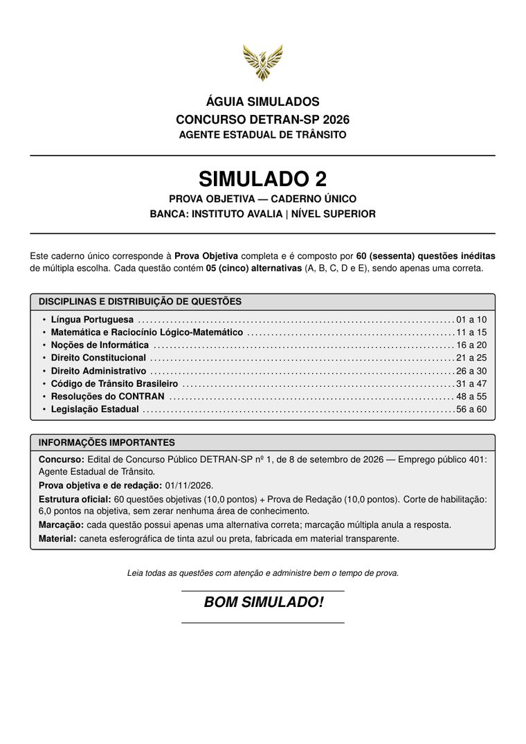 Capa do caderno do Simulado 02, prova objetiva do Agente Estadual de Trânsito DETRAN-SP 2026