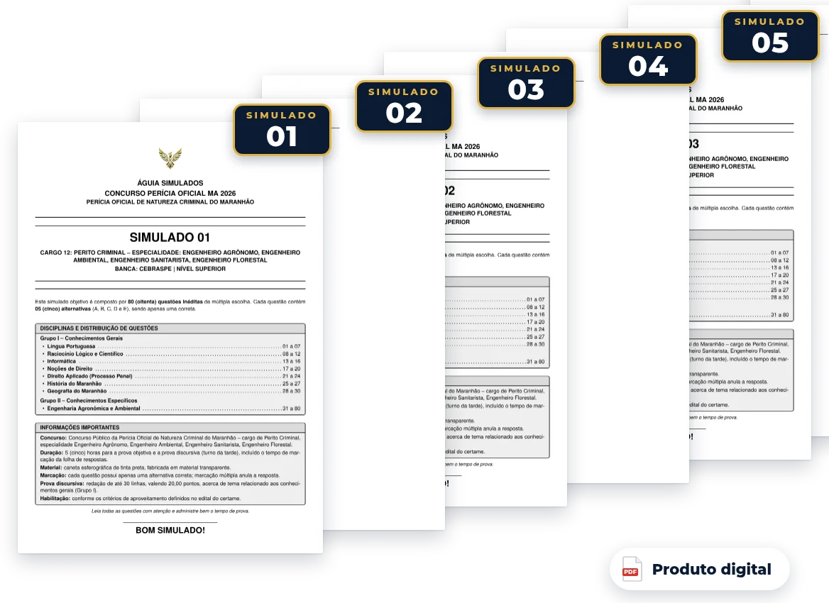 Capas dos simulados do pack — Perícia Oficial MA 2026 — Perito Criminal – Engenheiro Agrônomo, Ambiental, Sanitarista, Florestal