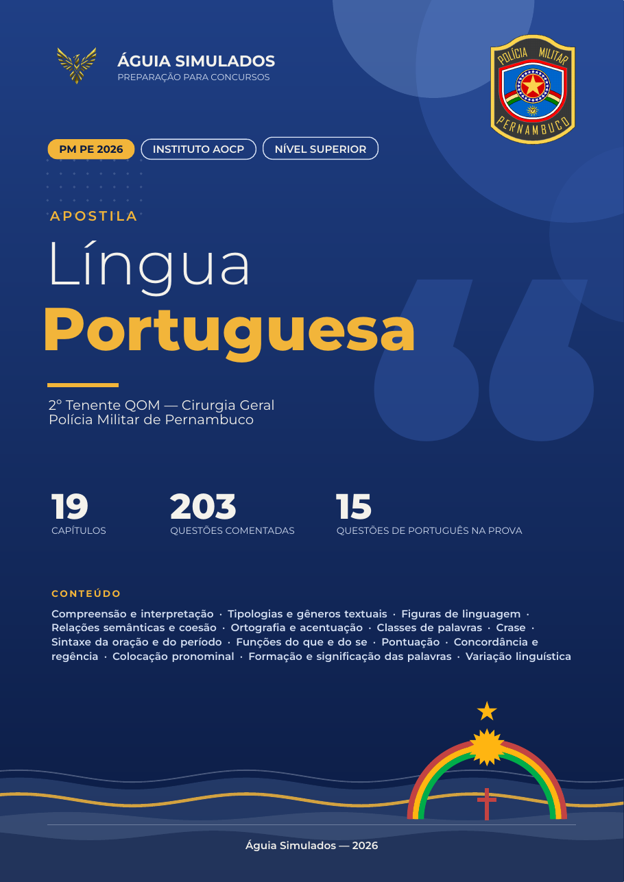 Capa da Apostila de Língua Portuguesa — PM PE 2026, 2º Tenente QOM — Cirurgia Geral