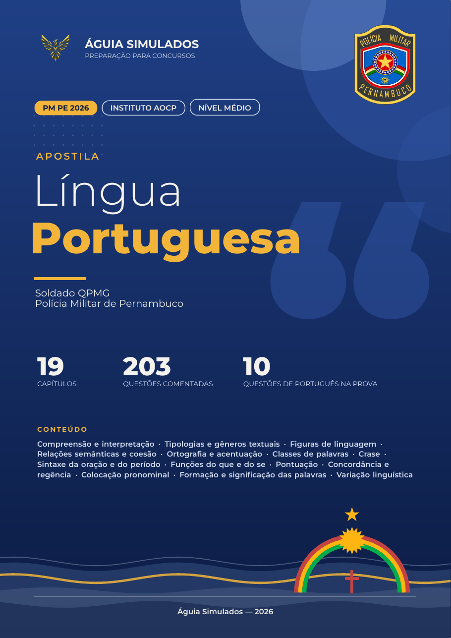 Capa da Apostila de Língua Portuguesa — PM PE 2026, Soldado QPMG