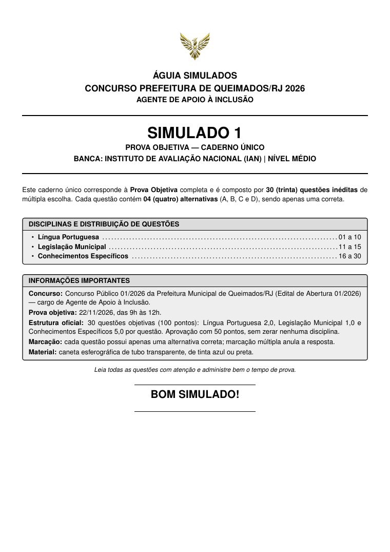 Capa do caderno do Simulado 01, prova objetiva de Agente de Apoio à Inclusão – Queimados/RJ 2026