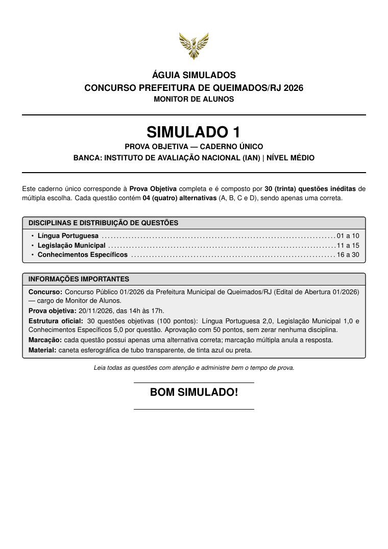 Capa do caderno do Simulado 01, prova objetiva de Monitor de Alunos – Queimados/RJ 2026