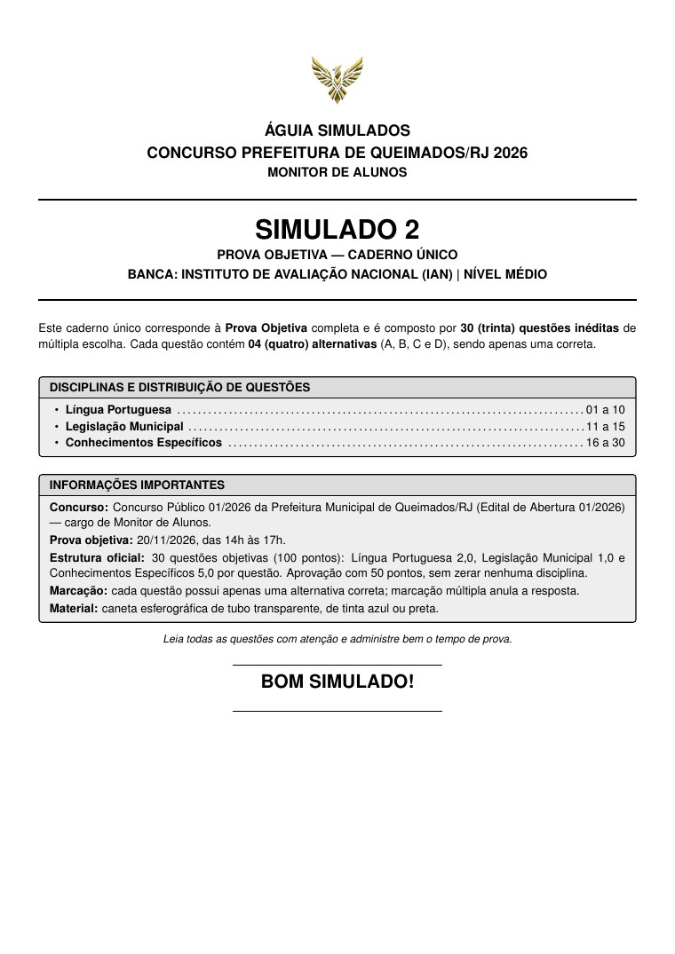 Capa do caderno do Simulado 02, prova objetiva de Monitor de Alunos – Queimados/RJ 2026