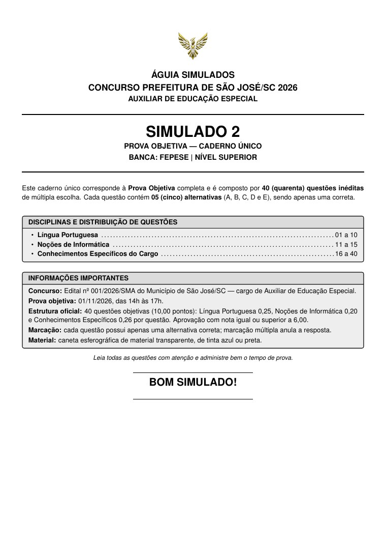 Capa do caderno do Simulado 02, prova objetiva de Auxiliar de Educação Especial – São José/SC 2026