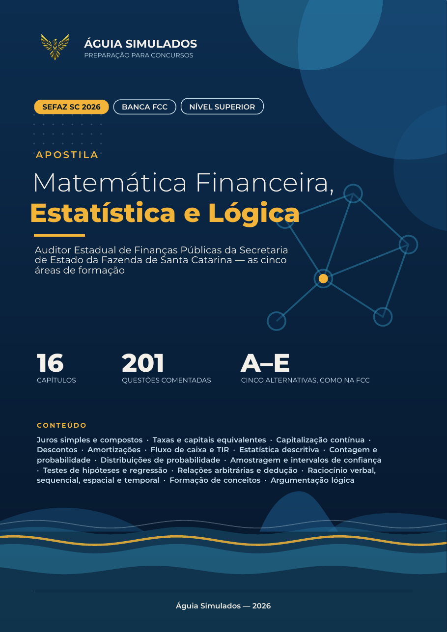 Capa da Apostila de Matemática Financeira, Estatística e Raciocínio Lógico — SEFAZ SC 2026 — Auditor de Finanças Públicas (Direito)