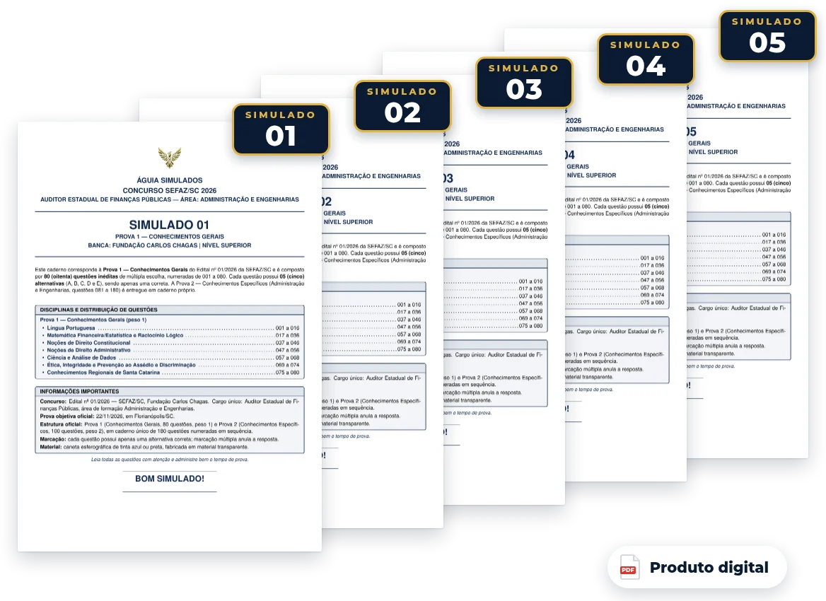 Capas dos simulados do pack — SEFAZ SC 2026 — Auditor de Finanças Públicas (Administração e Engenharias)