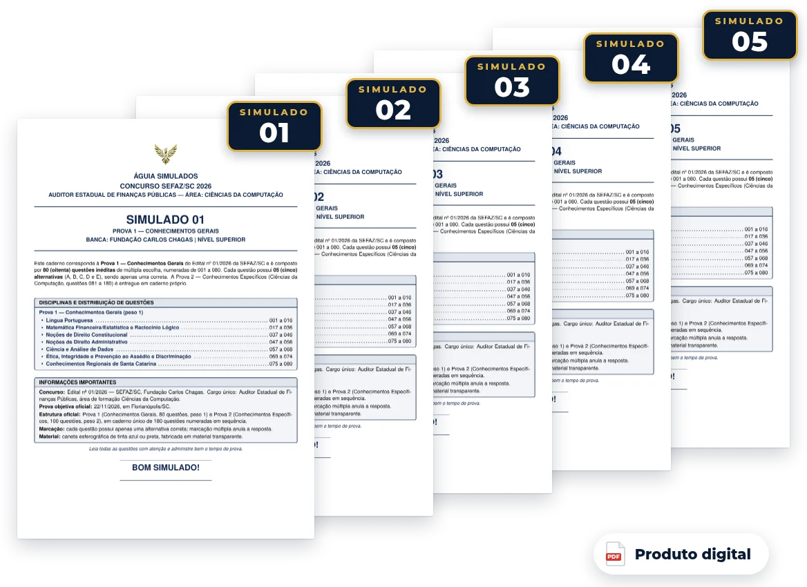 Capas dos simulados do pack — SEFAZ SC 2026 — Auditor de Finanças Públicas (Ciências da Computação)