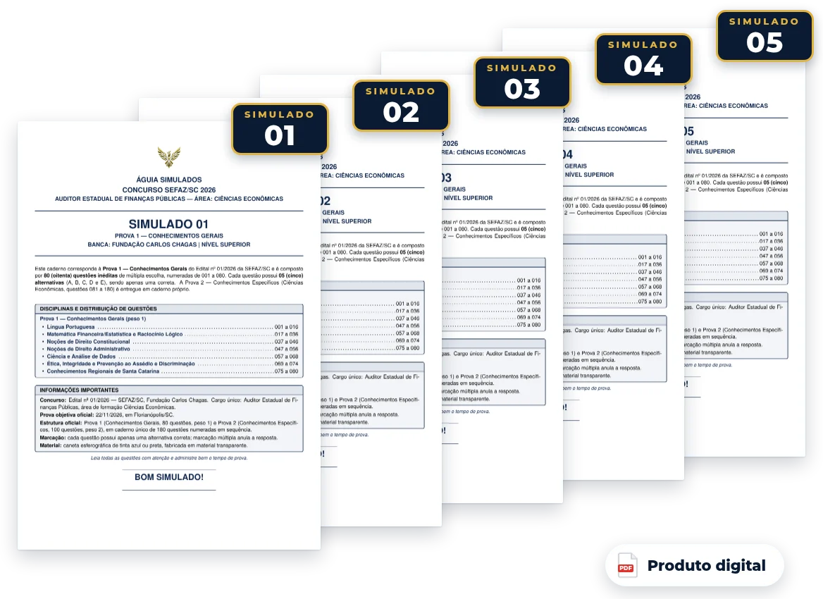 Capas dos simulados do pack — SEFAZ SC 2026 — Auditor de Finanças Públicas (Ciências Econômicas)