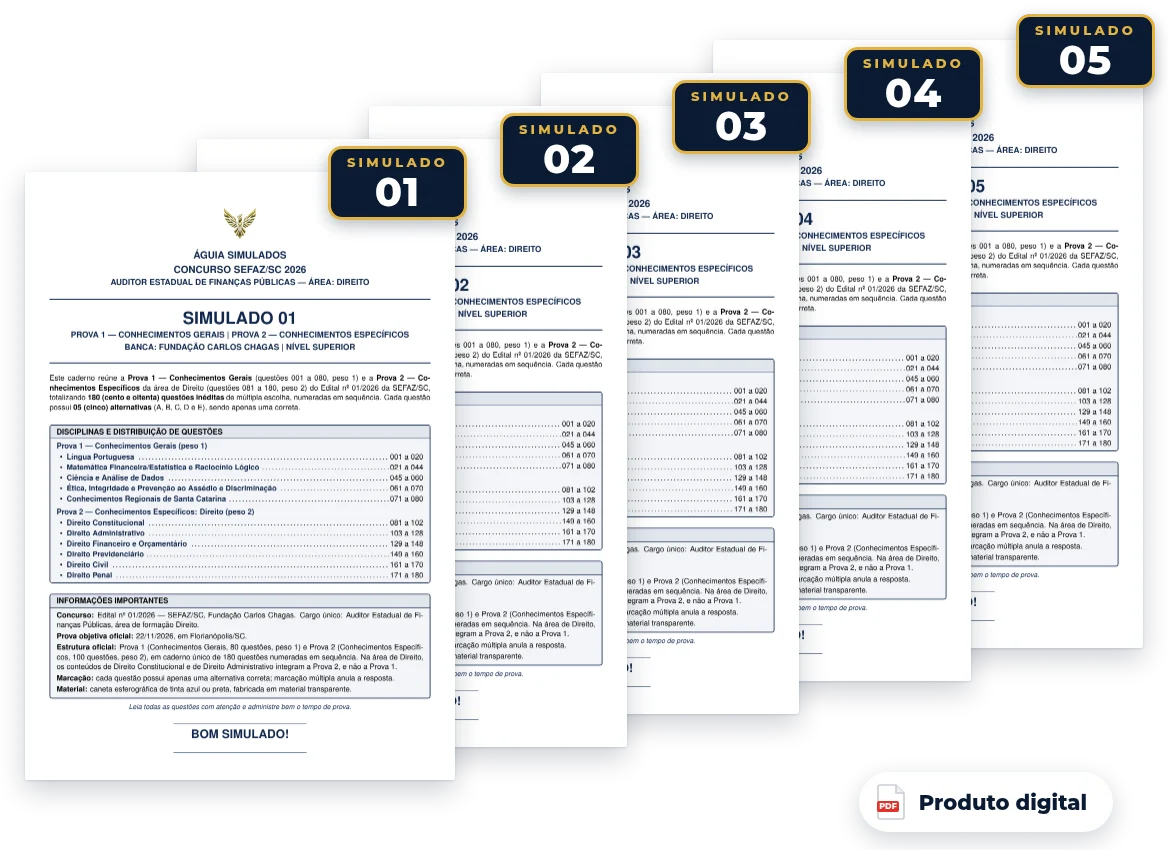 Capas dos simulados do pack — SEFAZ SC 2026 — Auditor de Finanças Públicas (Direito)