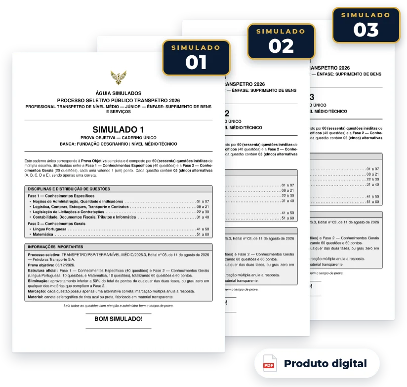 Capas dos simulados do pack — Transpetro 2026 — Suprimento de Bens e Serviços