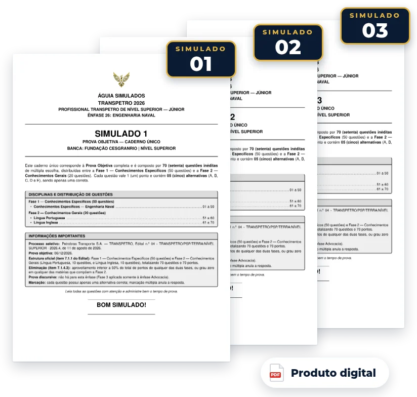 Capas dos simulados do pack — Transpetro 2026 — Engenharia Naval