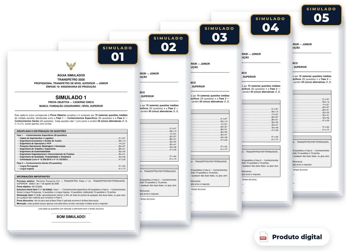 Capas dos simulados do pack — Transpetro 2026 — Engenharia de Produção